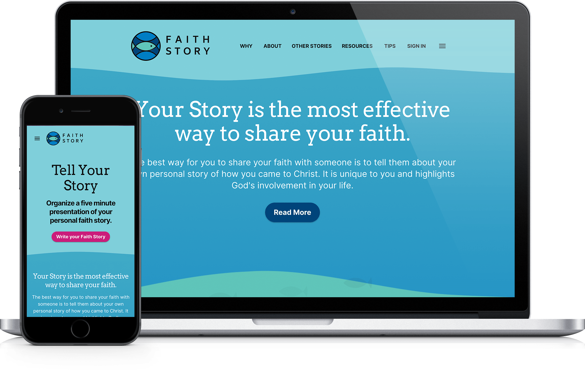Faith Story App Website on Apple MacBook Pro and iPhone